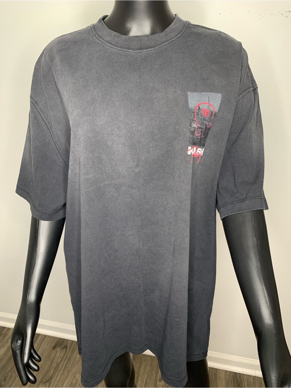 Ash Black Washed Short Sleeve Tee with Red Skull Graphic